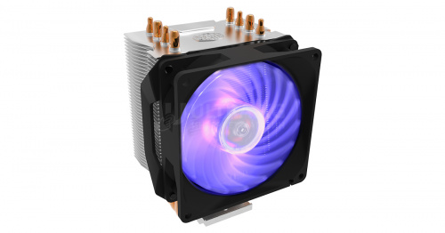 Кулер для процессора CoolerMaster Hyper H410R RGB, Intel LGA 1366/2011/2066/1200/115X/775/AM5/AM4/AM3+/AM3/AM2+, 100W, 600-2000 об/мин, 29 дБA max, 34.73CFM, 4pin, 4 теплотрубки, Габариты 136 х 102 х 83 мм, Чёрный, RR-H410-20PC-R1