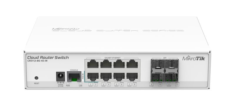 HUB Switch MikroTik  CRS112-8G-4S-IN, 8 LAN 10/100/1000, 4 x SFP, RouterOS L5 400Mhz CPU, 128MB RAM, 8xGigabit LAN desktop case, PSU