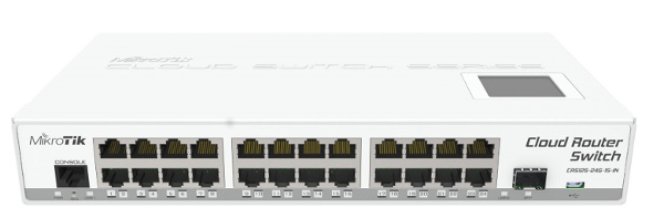 HUB Switch MikroTik CRS125-24G-1S-IN, 24 LAN 10/100/1000,  with Atheros AR9344 CPU, 128MB RAM, 24xGigabit LAN, 1xSFP, RouterOS L5, LCD panel, desktop