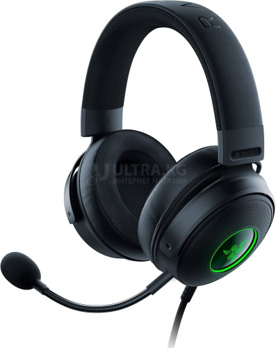 Наушники с микрофоном Razer Kraken V3 игровая гарнитура, микрофон поворотный гибкий, динамики 50 мм, тип подключения: USB Type-A, длина кабеля:2,0 м, примерная масса: TBC/250 г, диапазон частот:20 Гц–20 кГц, чувствительность при 1 кГц:96 дБ SPL/мВт, Чёрны