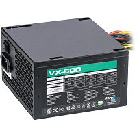 Блок питания 600W Aerocool VX-600 PLUS, None-PFC, 20+4pin, 4+4pin, 4xSata, 3xMolex, 1xFDD, 2xPCI-E 6+2pin, Вентилятор 12см, Кабель питания, Чёрный