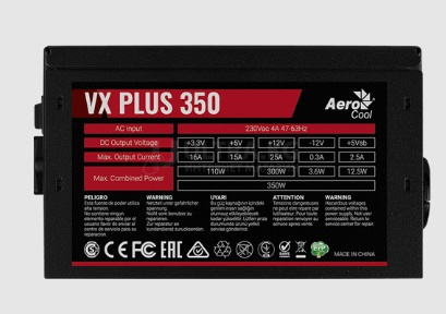 Блок питания 350W Aerocool VX-350 PLUS, 350W, ATX, Passive-PFC, 20+4 pin, 4+4pin, 2*Sata, 2*Molex, 1*FDD, поддержка Haswell, вентилятор 12 см, кабель питания, чёрный